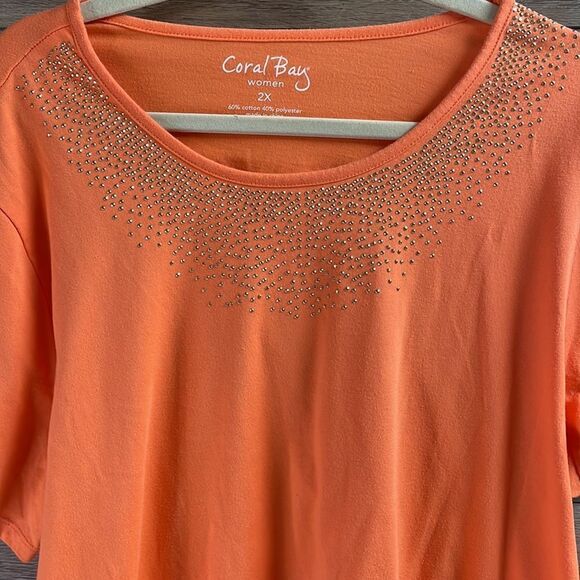 Coral Bay Plus Size Womens Coral Rhinestone Embellish Scoop Neck Tshirt,Size 2X - Picture 3 of 5